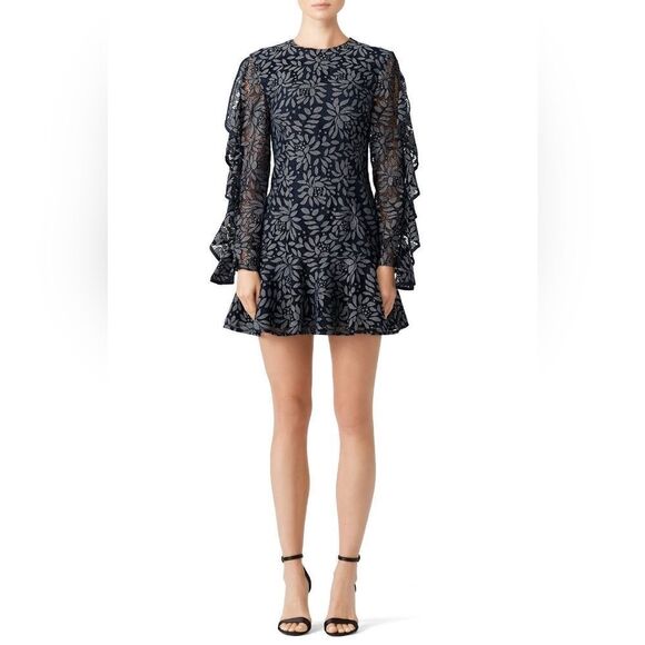 Keepsake Navy Blue Floral Print‎ Engage Lace Long Sleeve Ruffle Mini Dress XS - Picture 1 of 8